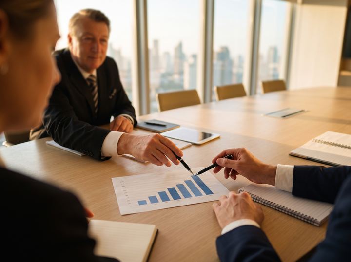 Zwei Führungskräfte besprechen ein Balkendiagramm mit steigenden Werten im Besprechungsraum