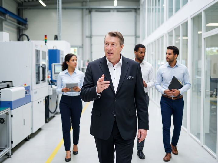 Ingmar P. Brunken geht mit seinem Team durch eine moderne Produktionshalle