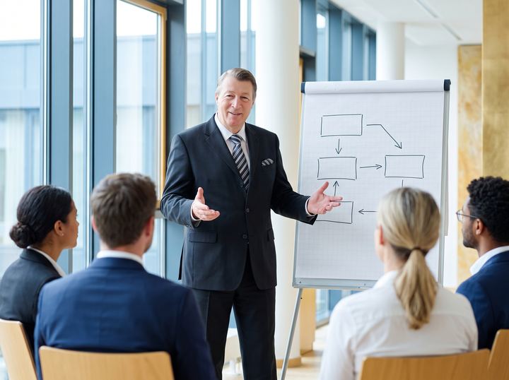 Ingmar P. Brunken moderiert ein Seminar am Flipchart vor einer Gruppe von Führungskräften